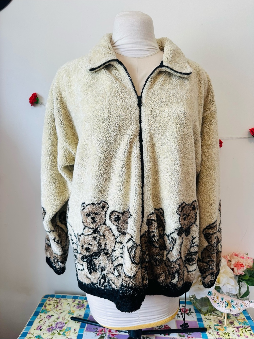 Teddy Print Sherpa Zip-Front Jacket - Cream M L XL - Picture 2 of 7